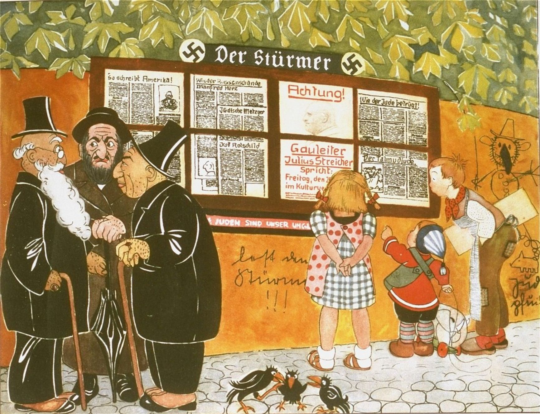 Иллюстрация из детской книги. Заголовки гласят: «Евреи — наше несчастье» и «Как жульничают евреи». Германия, 1936 год
