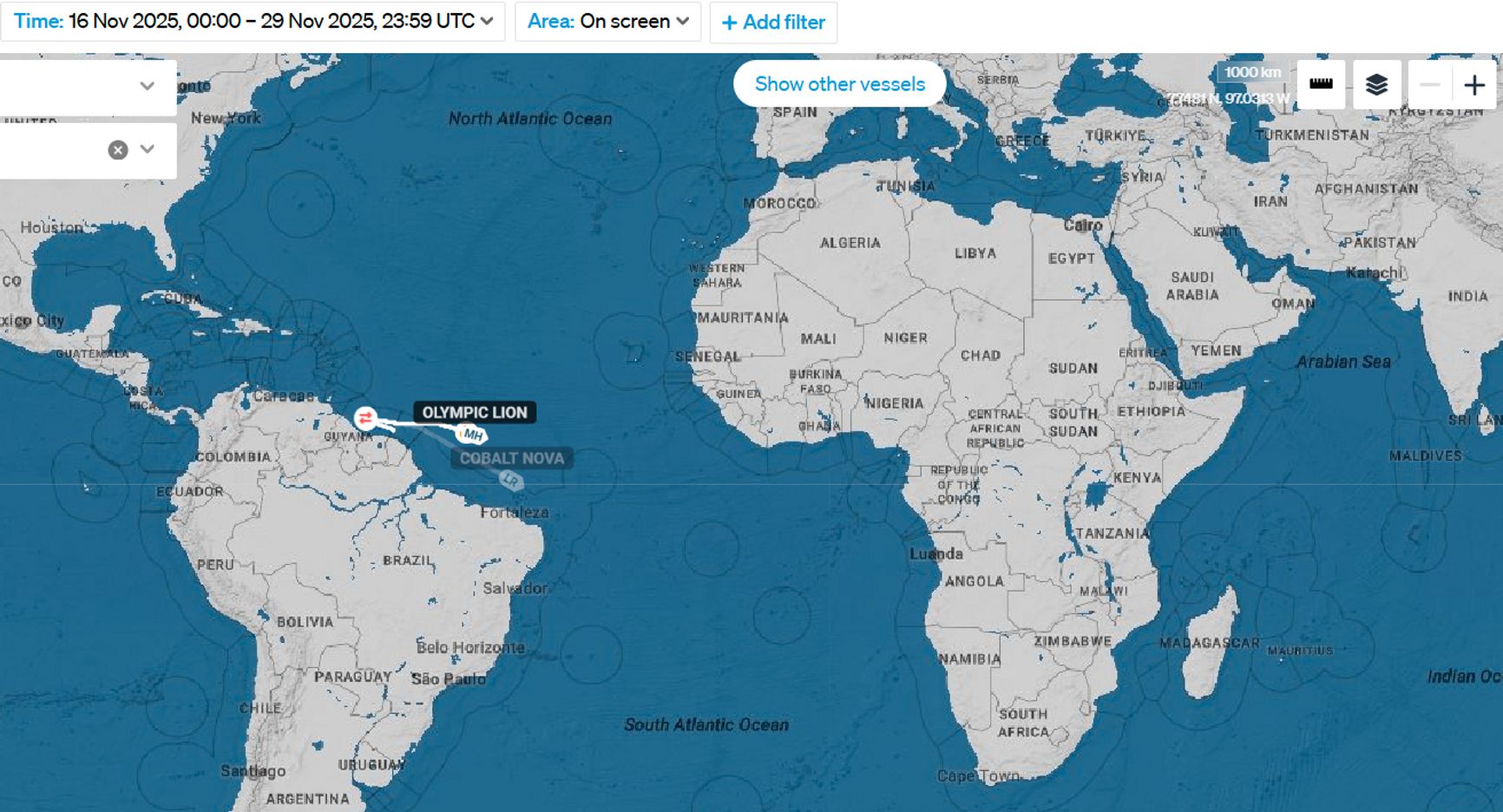 Маршруты танкеров Cobalt Nova и Olympic Lion, вышедших из Гайаны