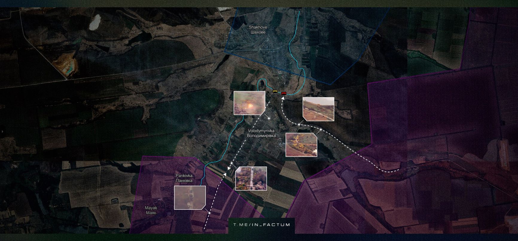 Геолоцированные маршруты российских механизированных атак в сторону Владимировки под Добропольем