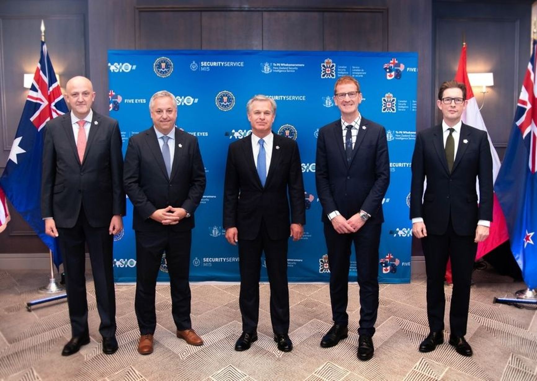 Left to right: Intelligence chiefs Mike Burgess (Australia), David Vigneault (Canada), FBI Director Christopher Wray, Andrew Hampton (New Zealand), and MI5 Director General Ken McCallum.