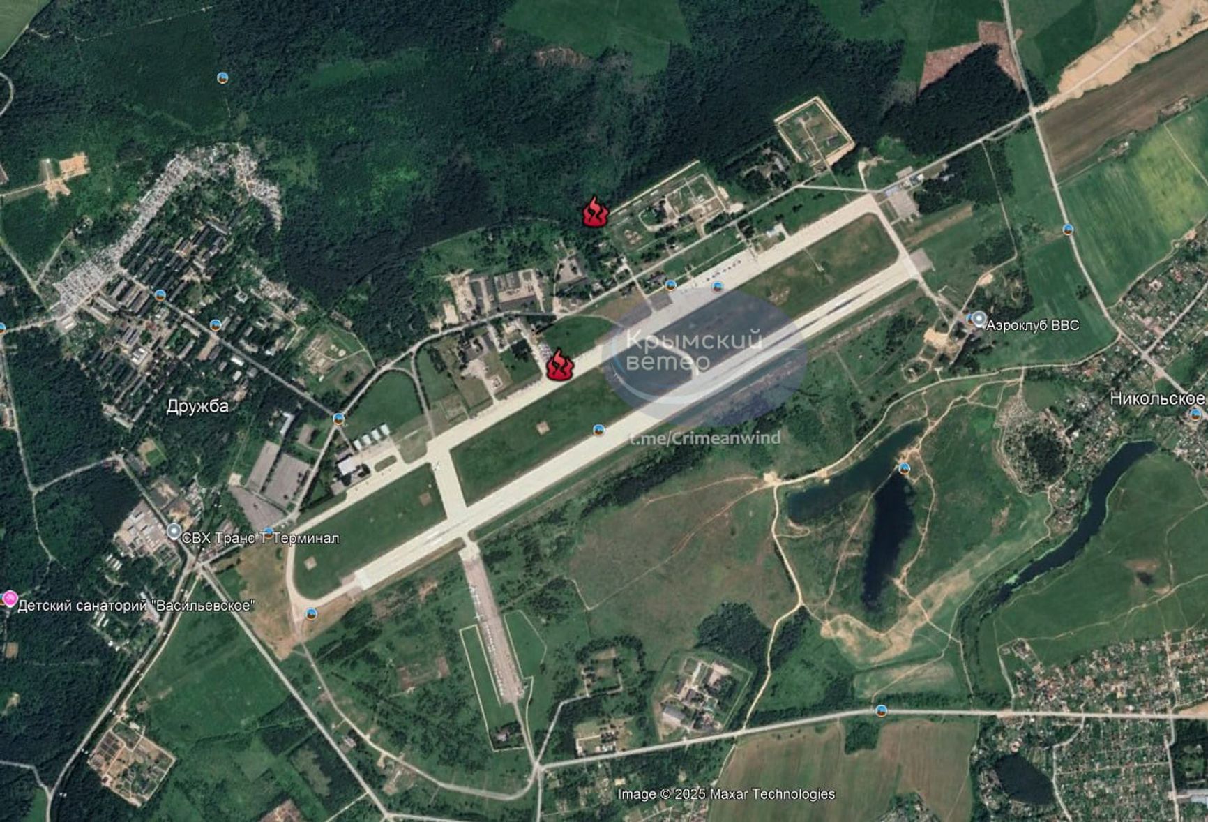 Места пожаров на аэродроме в Кубинке в Подмосковье