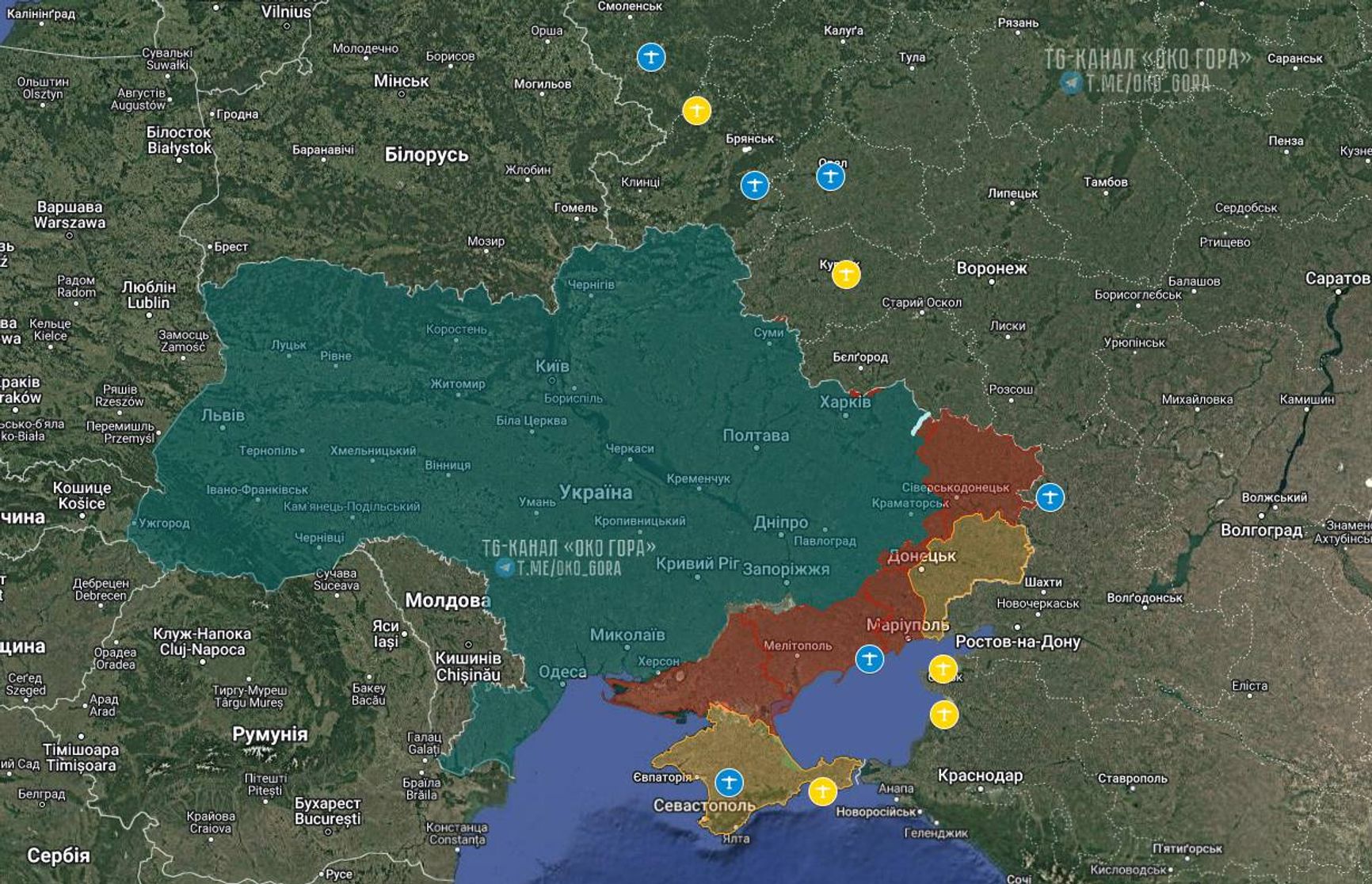 Точки запуска «Шахедов» по территории Украины: желтые — ранее известные, зеленые — новые