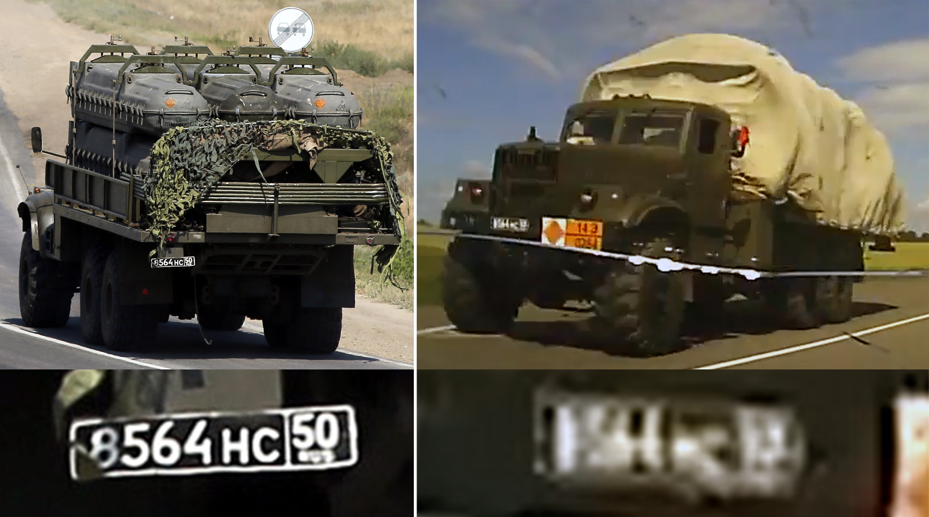 Слева — фрагмент одной из фотографий Reuters от 16 августа с грузовиком КрАЗ-255Б с номерным знаком «8564 НС 50», справа — фрагмент кадра видео, снятого утром 24 июня 2014 г. в окрестностях села Расховец по дороге в Алексеевку Белгородской области.