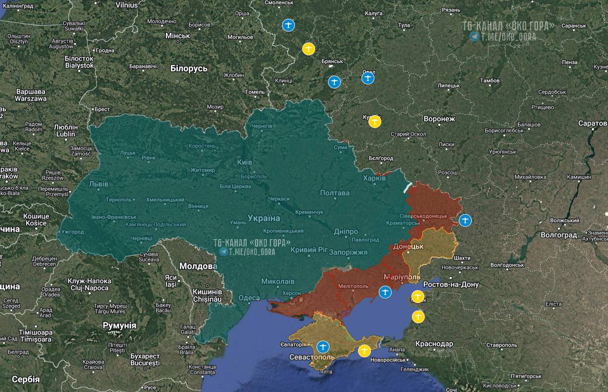 Точки запуска «Шахедов» по территории Украины: желтые — ранее известные, зеленые — новые